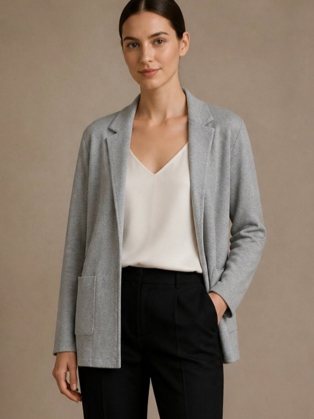Magaschoni Open Front Sweater Blazer L Preppy Minimalist Oversized Heather Gray